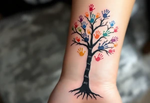 Bare tree with colored handprints on the trunk, each handprint labeled with a name and year “Martin 2015,” “Olivie 2012” etc. Bright primary colors for prints on a black-ink tree. tattoo idea