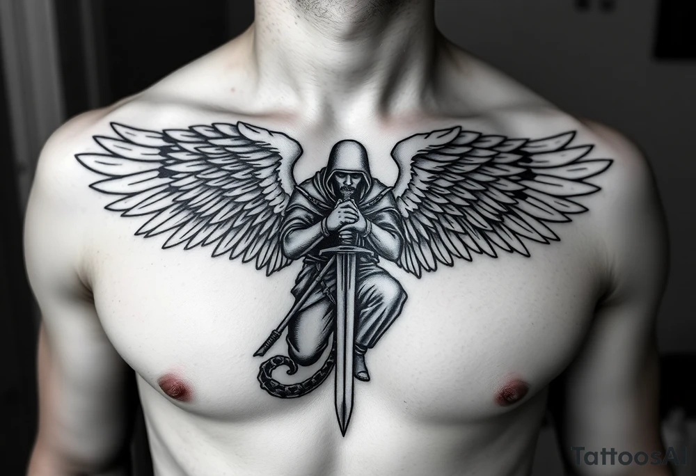 Soldier Angel with long sword kneeling looking down cloak over head wings spread tattoo idea, upper chest tattoo idea