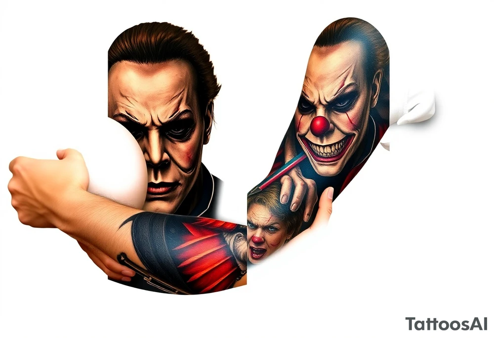 Left full arm sleeve. Michael Myers is the largest and main focal point. It should have the other horror characters like Jason, Freddy, the clown from saw, sam, the leprechaun,  chuckie, pin head, art the clown, leather face penny wise. tattoo idea