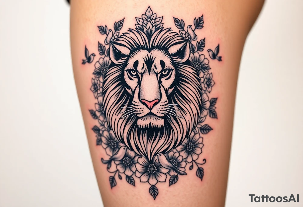 powerful majestic lion with a crown, surrounded by floral ornaments and birds tattoo idea