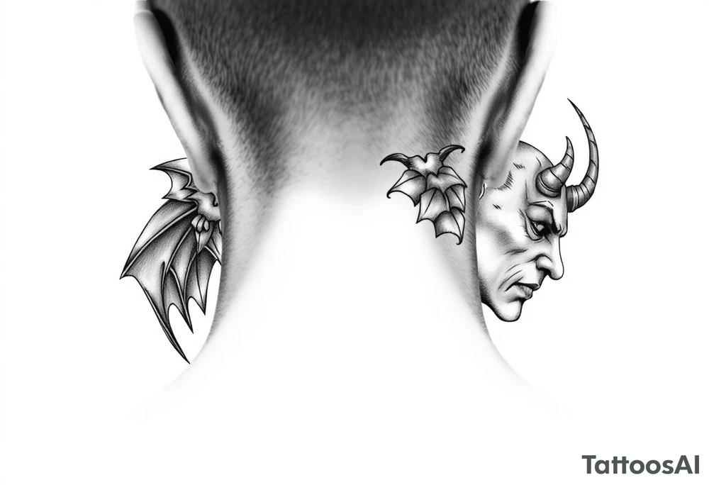 position behind the neck Angel (on the right) whispering in the right ear, demon (on the left) whispering in the left ear tattoo idea