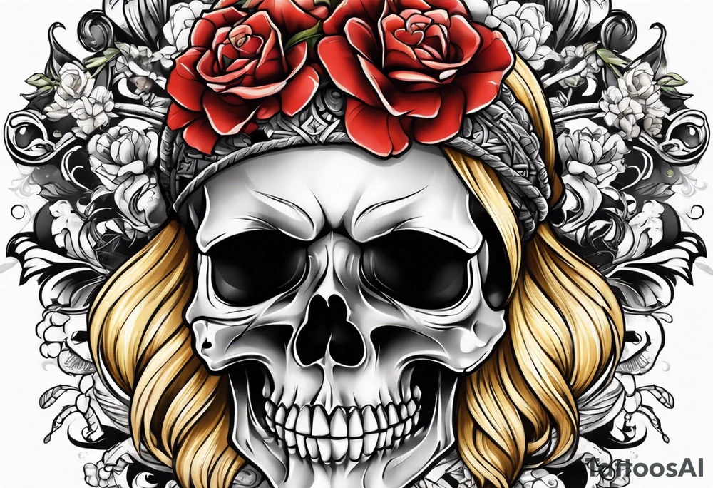 Skull and cross bones with blonde pigtails tattoo idea
