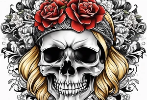 Skull and cross bones with blonde pigtails tattoo idea