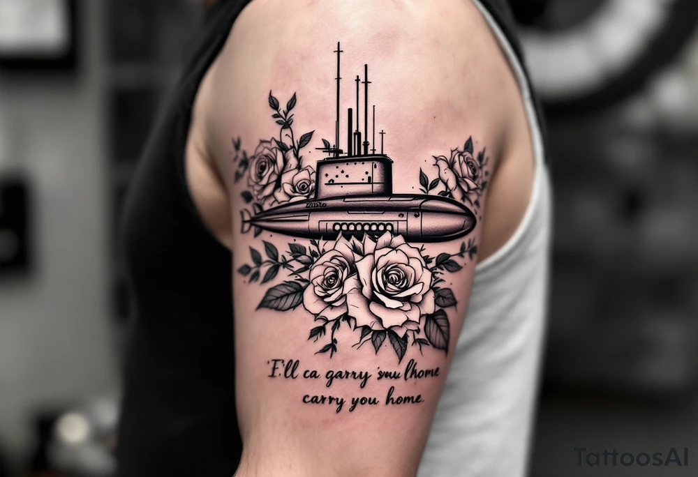 S8g class submarine surrounded by roses that says “I’ll carry you home” underneath tattoo idea