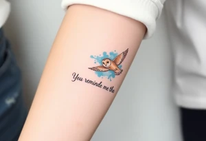 Small barn owl in flight with water color background and “You remind me of the babe” in script tattoo idea