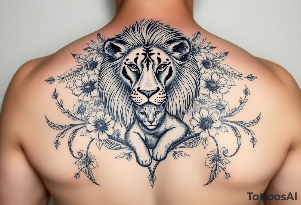 powerful majestic lion and cub, surrounded by floral ornaments and birds tattoo idea