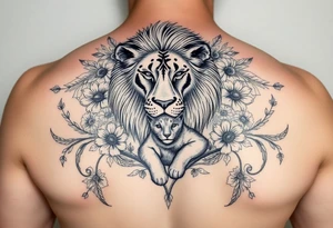 powerful majestic lion and cub, surrounded by floral ornaments and birds tattoo idea