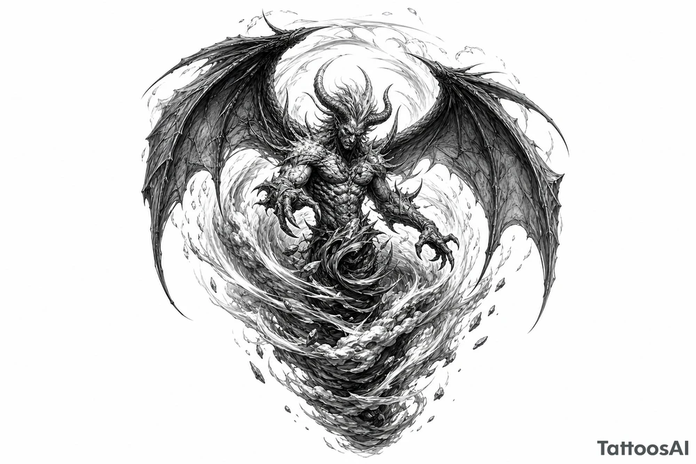Winged air demon emerging from a swirling wind vortex, dark fantasy style. tattoo idea