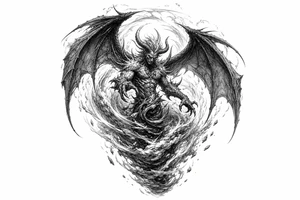Winged air demon emerging from a swirling wind vortex, dark fantasy style. tattoo idea