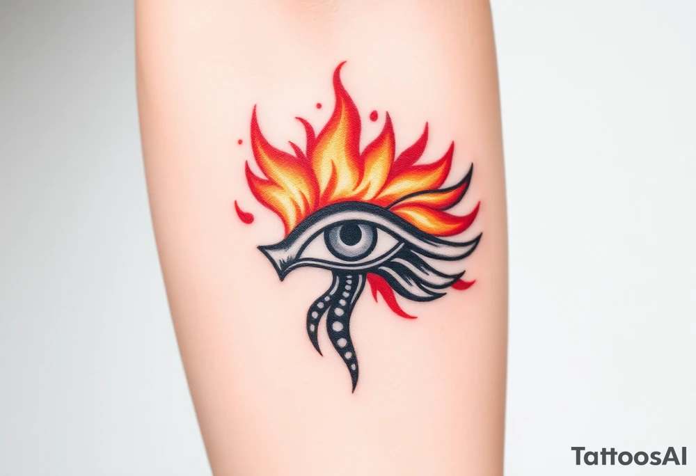 A fire-themed Eye of Horus, with glowing orange and red flames dancing around, symbolizing transformation and power tattoo idea