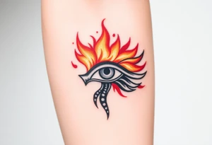 A fire-themed Eye of Horus, with glowing orange and red flames dancing around, symbolizing transformation and power tattoo idea