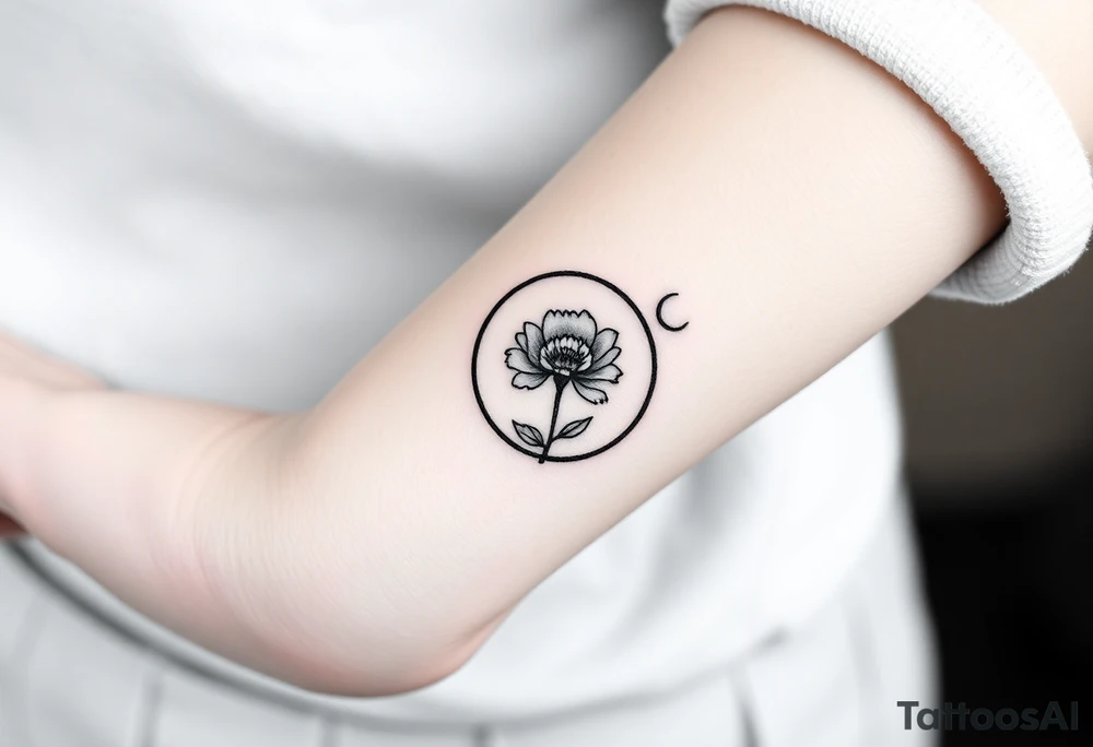 Small black and white tattoo full moon with small chrysanthemum birth flower AND tiny scorpio gliph inside moon tattoo idea