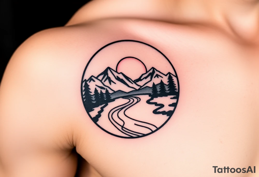 mountains. river and sunrise, let it all be inside one circle. draw a line and divide the circle into two parts, let one part be like day and the other part like night tattoo idea