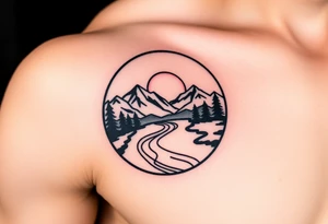 mountains. river and sunrise, let it all be inside one circle. draw a line and divide the circle into two parts, let one part be like day and the other part like night tattoo idea