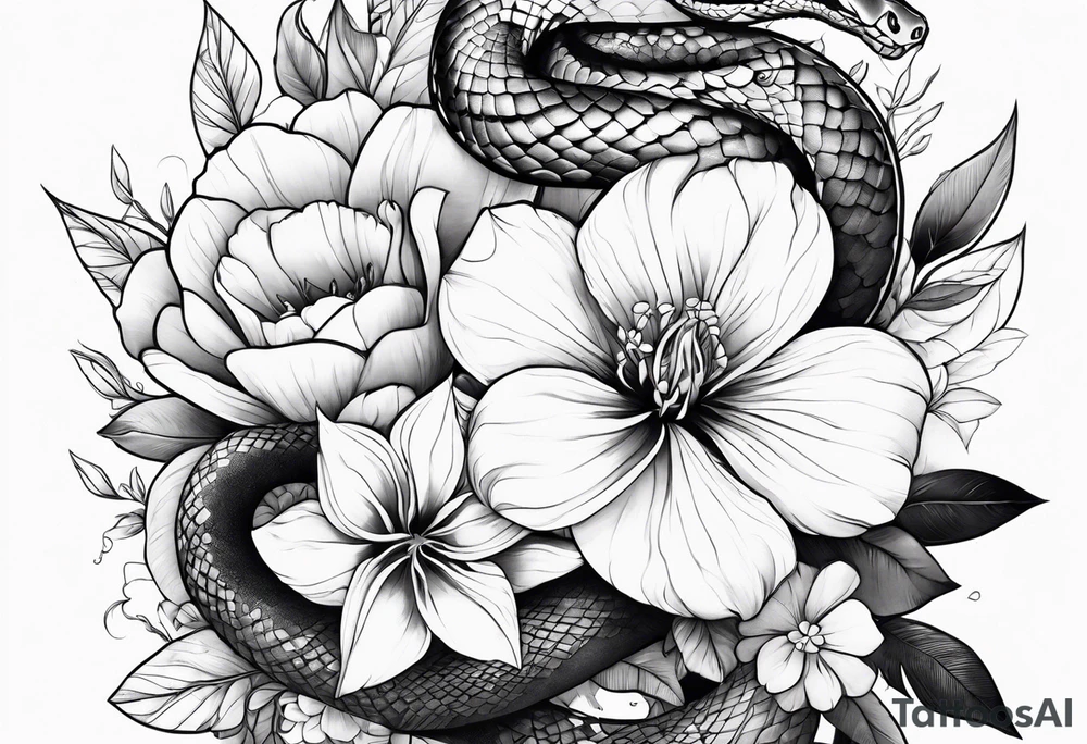 large thigh tattoo with a snake rapping around flowers tattoo idea