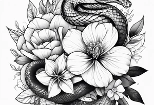 large thigh tattoo with a snake rapping around flowers tattoo idea