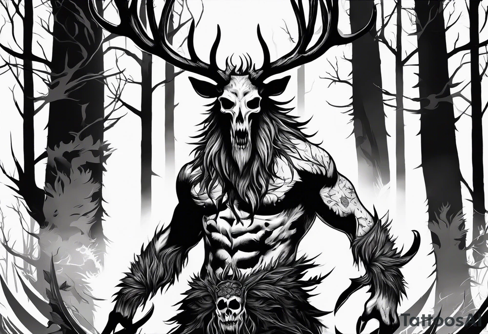 A wendigo with a skull head with flames behind in a forest tattoo idea