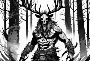 A wendigo with a skull head with flames behind in a forest tattoo idea