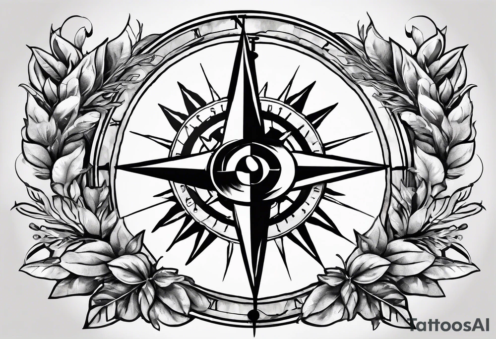 A selucid style anchor in front of a compass and a olive branch wreathe wrapped around the compass tattoo idea