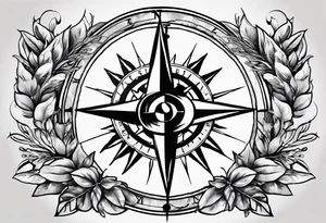 A selucid style anchor in front of a compass and a olive branch wreathe wrapped around the compass tattoo idea