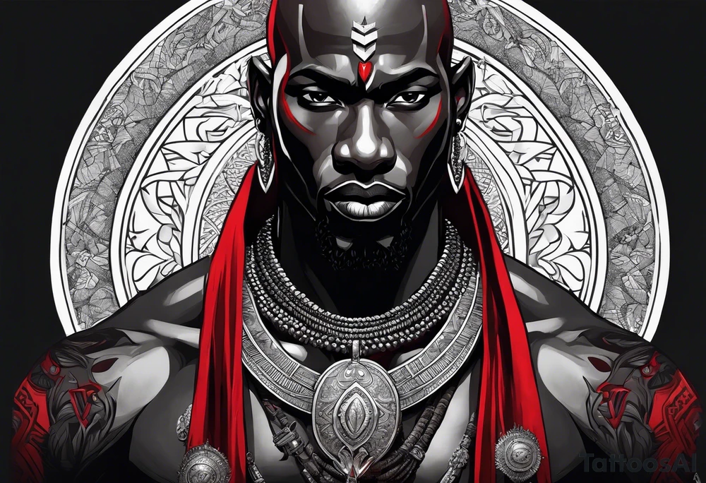 Black-skinned bald african warrior. He is a god of the war. Wears a simple red necklace and a silver crown tattoo idea