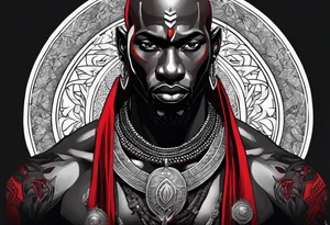 Black-skinned bald african warrior. He is a god of the war. Wears a simple red necklace and a silver crown tattoo idea