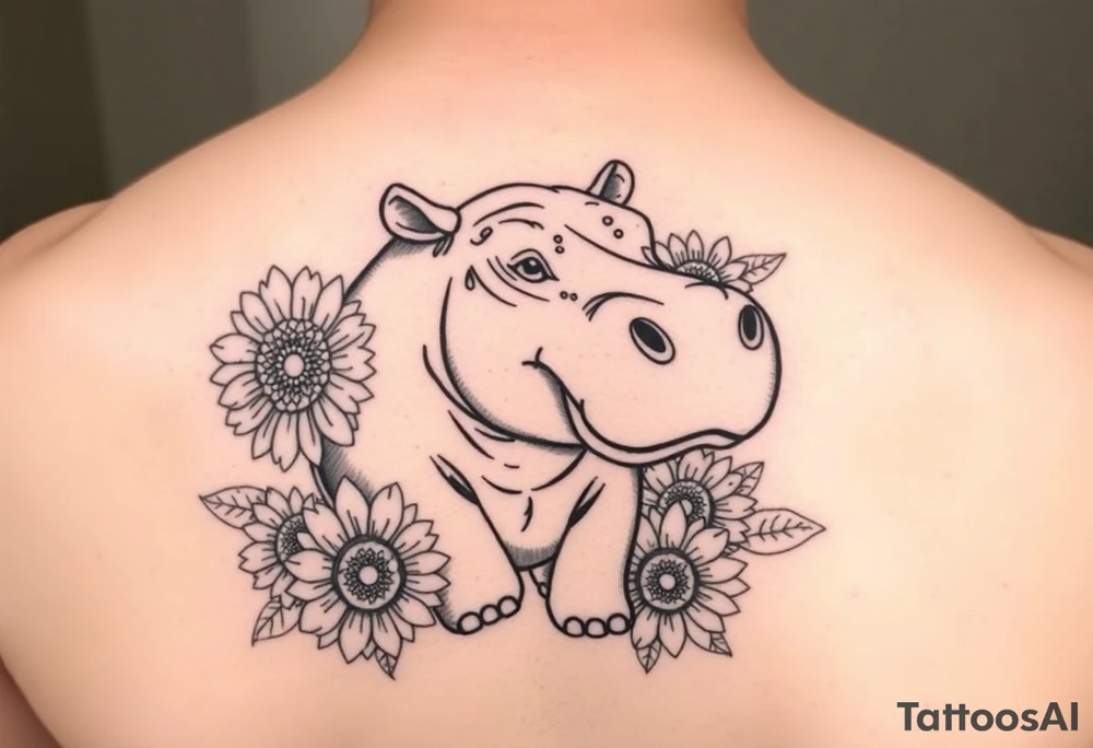 Cute hippo and with sunflowers and carnations tattoo idea