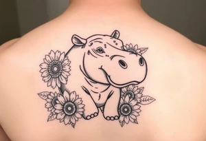 Cute hippo and with sunflowers and carnations tattoo idea