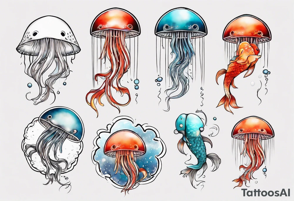 1 jellyfish with the moon in the lid. Then with mini koi carp and jellyfish swimming amongst the tentacles tattoo idea