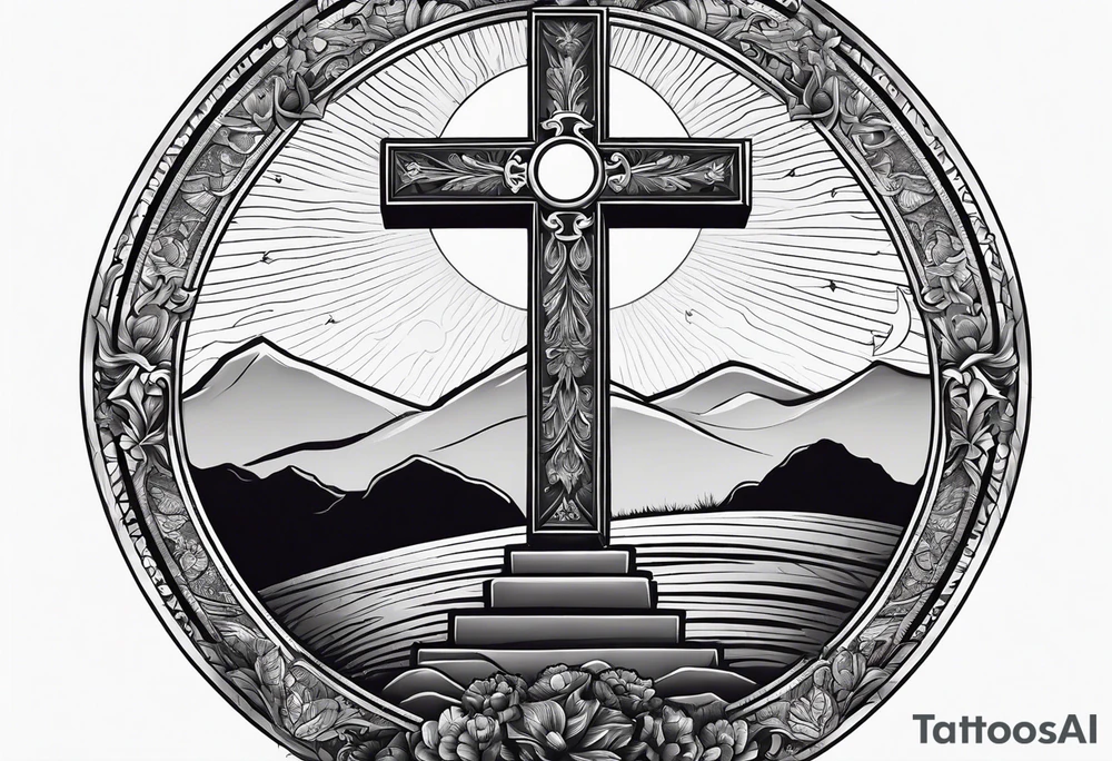 Tomb with cross and sun in the background tattoo idea