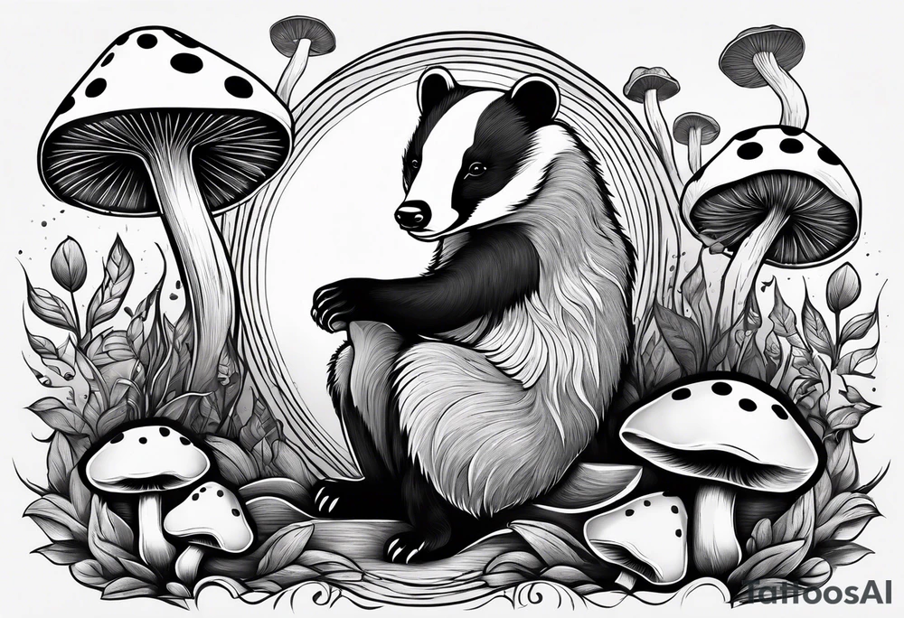 Badger in a coat sitting on a mushroom tattoo idea