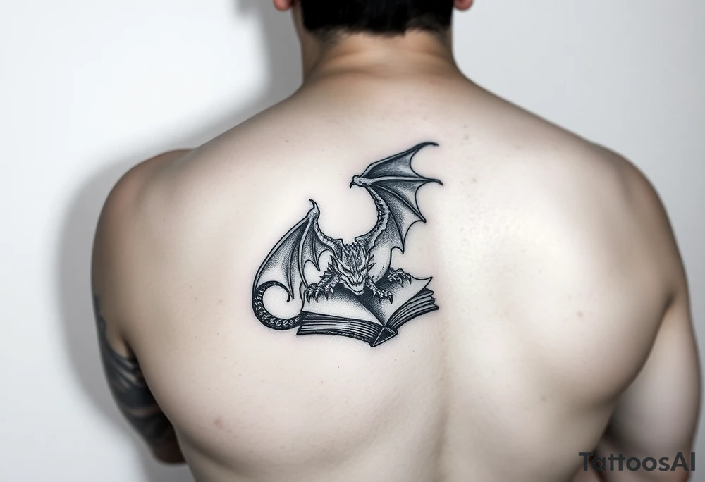 arm sleeve, fantasy, incorporates existing small tattoo of a dragon flying out of a book located just above the back of the elbow

Dungeons and Dragons
Warcraft
Lord of the Rings
Forgotten Realms tattoo idea
