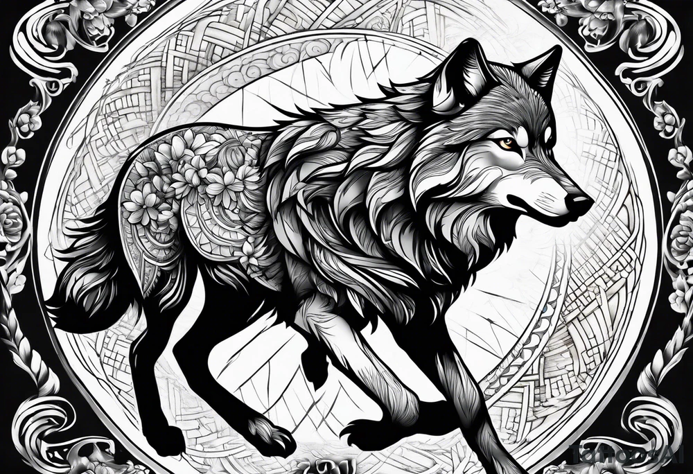 strength, small, running young wolf, elegant, sun, lenghty tattoo idea