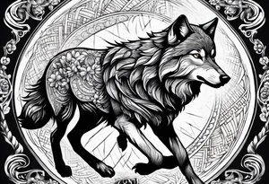 strength, small, running young wolf, elegant, sun, lenghty tattoo idea