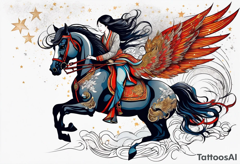 powerful horse and its rider, freedom, equality, trust, love, stars, maybe wings? tattoo idea