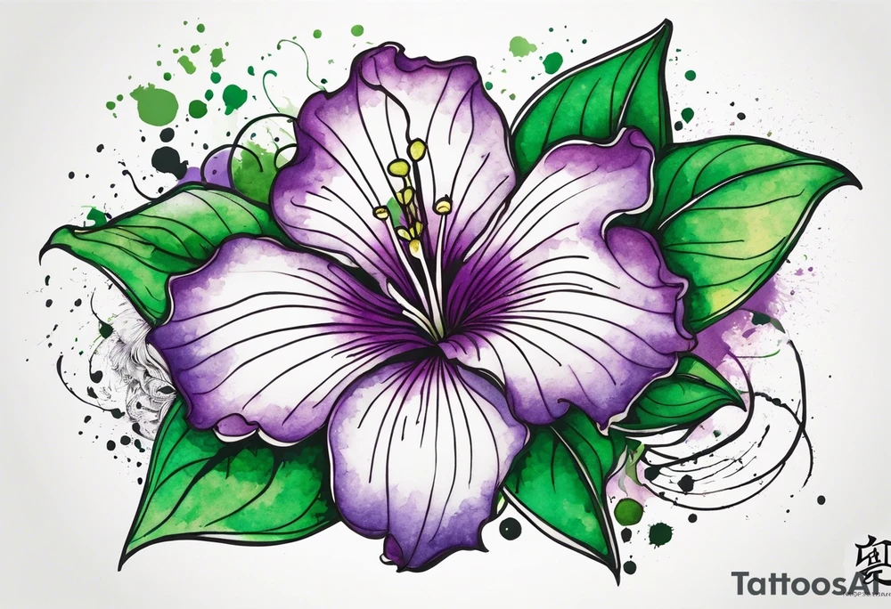 An outline of an only green rio dipladenia flower and a green and purple watercolor splash in the background tattoo idea