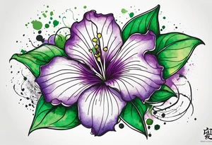 An outline of an only green rio dipladenia flower and a green and purple watercolor splash in the background tattoo idea