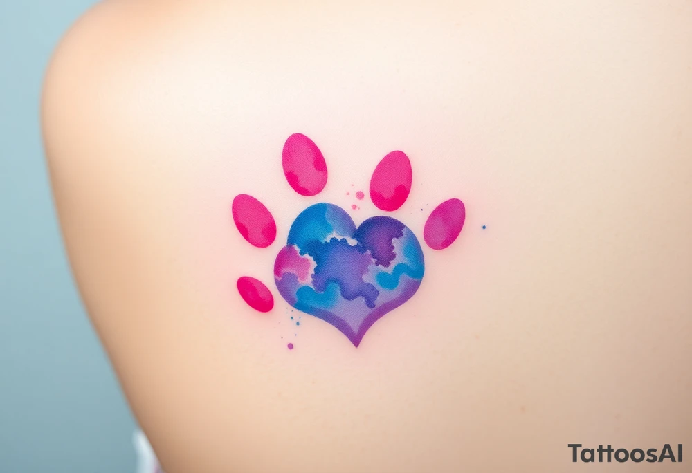A watercolor-style paw print blending vibrant hues of pink, blue, and purple, creating the shape of a heart tattoo idea