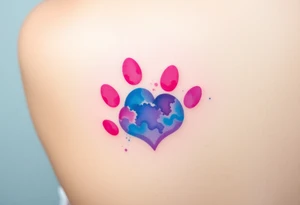 A watercolor-style paw print blending vibrant hues of pink, blue, and purple, creating the shape of a heart tattoo idea