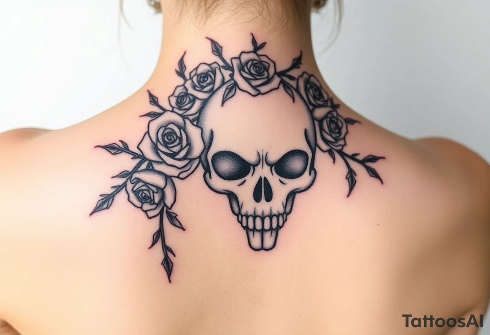 ornate skull adorned with crown of wild roses and thorns tattoo idea