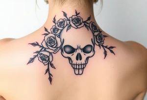 ornate skull adorned with crown of wild roses and thorns tattoo idea