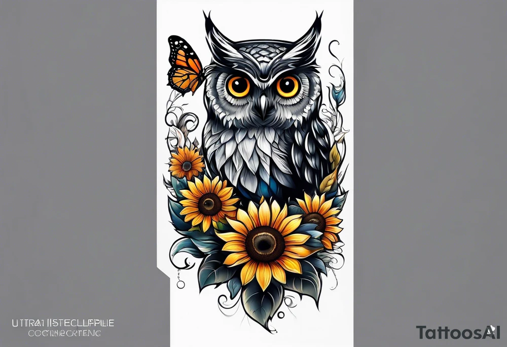 Small owl with butterfly and sunflower leg sleeve tattoo idea