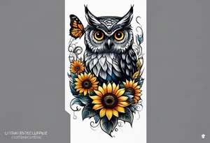 Small owl with butterfly and sunflower leg sleeve tattoo idea
