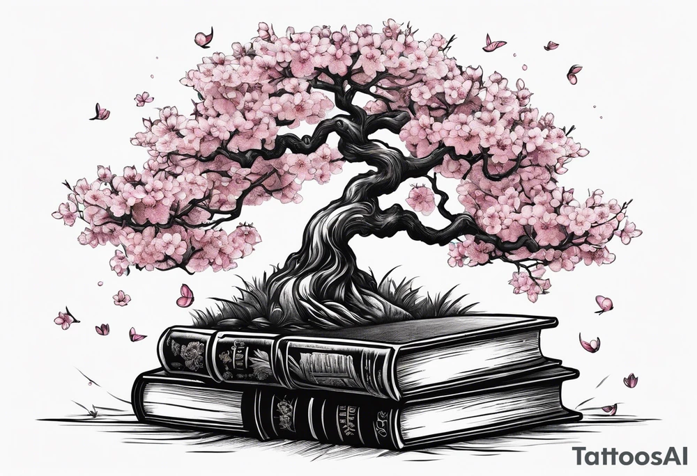 Cherry blossom tree growing out of a stack of books tattoo idea