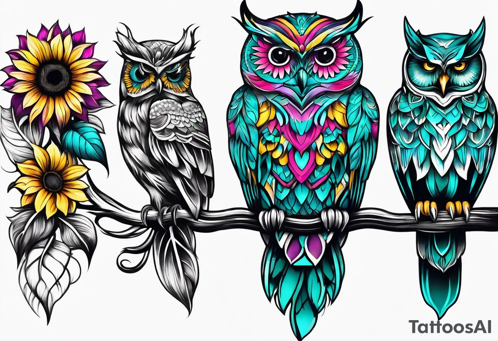 Leg Sleeve with teal, pink and purple owl and yellow sunflowers tattoo idea