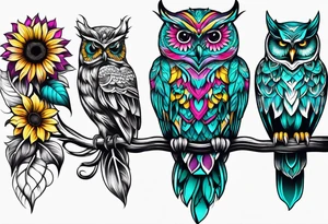 Leg Sleeve with teal, pink and purple owl and yellow sunflowers tattoo idea