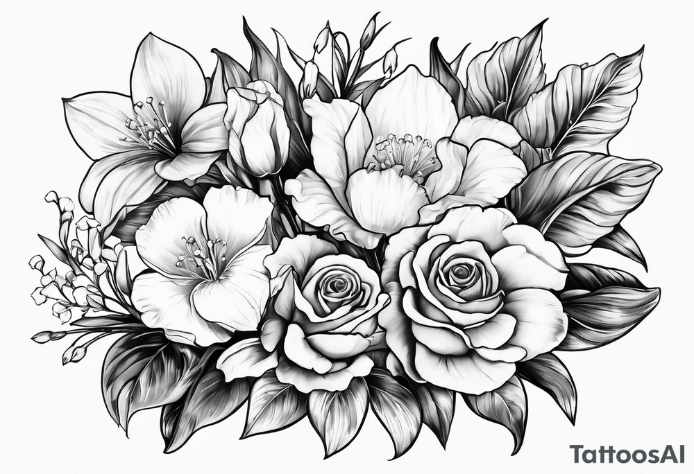 Bouquet 
with 1 snowdrop 2 carnations 1 rose 1 lily of the valley 1 daffodil 1 peony tattoo idea