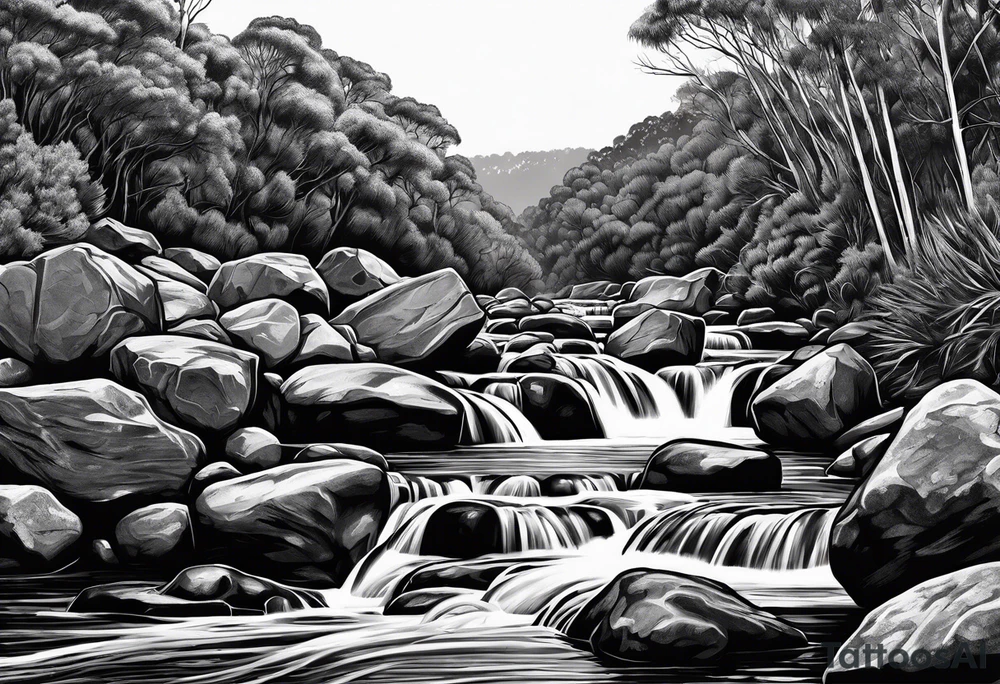 river rapids over rubix cubes for rocks in australian bush tattoo idea