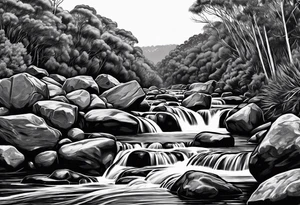 river rapids over rubix cubes for rocks in australian bush tattoo idea