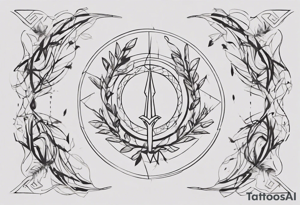 Create a small tattoo with Athena's spear and shield using geometric lines and shapes. Play with symmetry and abstraction to create a visually striking composition. Add vines gracefully intertwining at a central point in the middle of the wreath.
The intended placement is on the upper chest. The overall design should be small in size while maintaining a delicate and artistic aesthetic. Pay attention to the graceful flow of the vines and the placement of the irises to achieve a refined and elegant look. tattoo idea